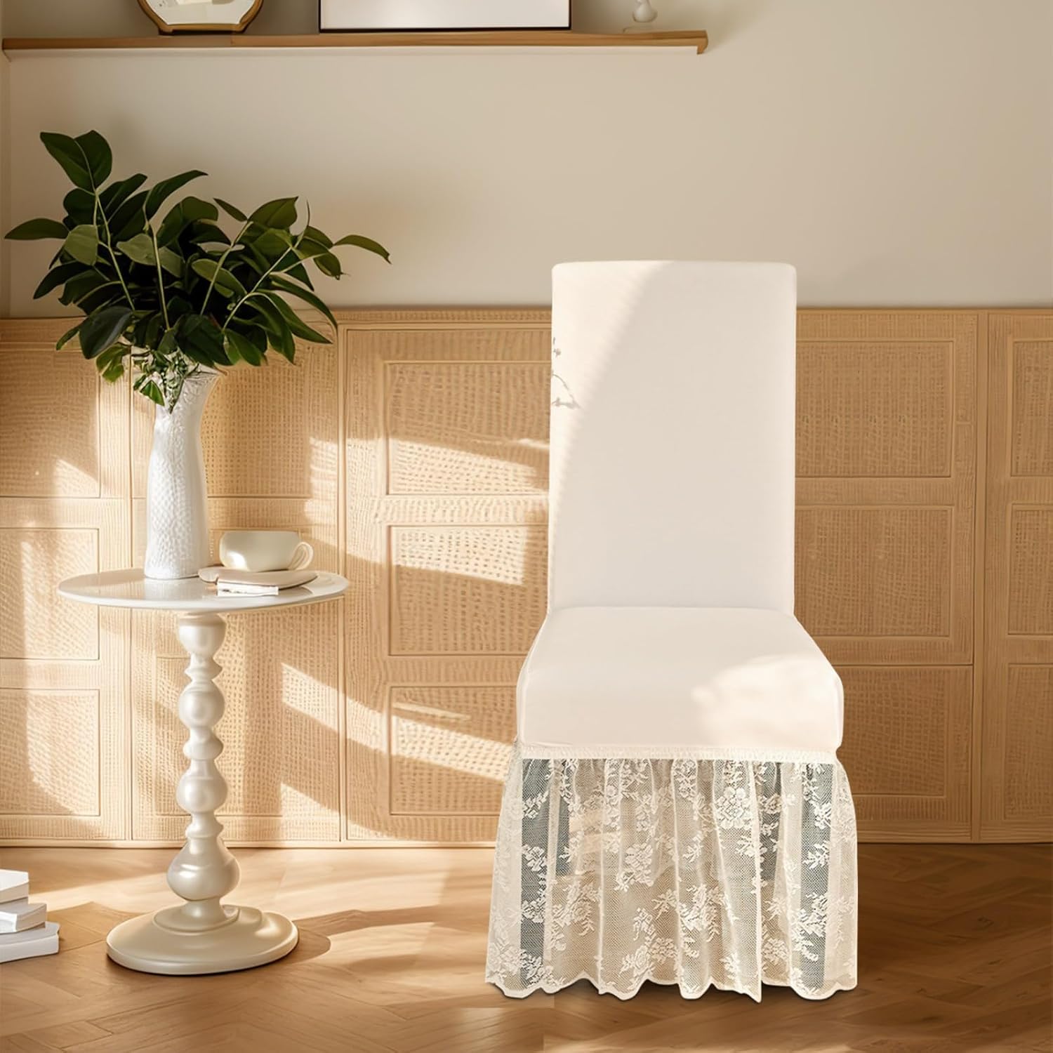 Set of 4 Chair Covers for Dining Room with Lace Skirt Stretch Chair Slipcovers Washable Farmhouse Kitchen Chair Protector Cover for Home Party Wedding (White,Set of 2)