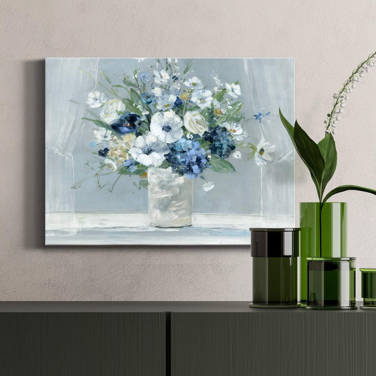 WEXFORD HOME Floral Canvas Wall Art Print Decoration Multi Color Flower Painting Artwork for Living Room Bedroom Office, Ready to Hang, be happy blue, 30x40