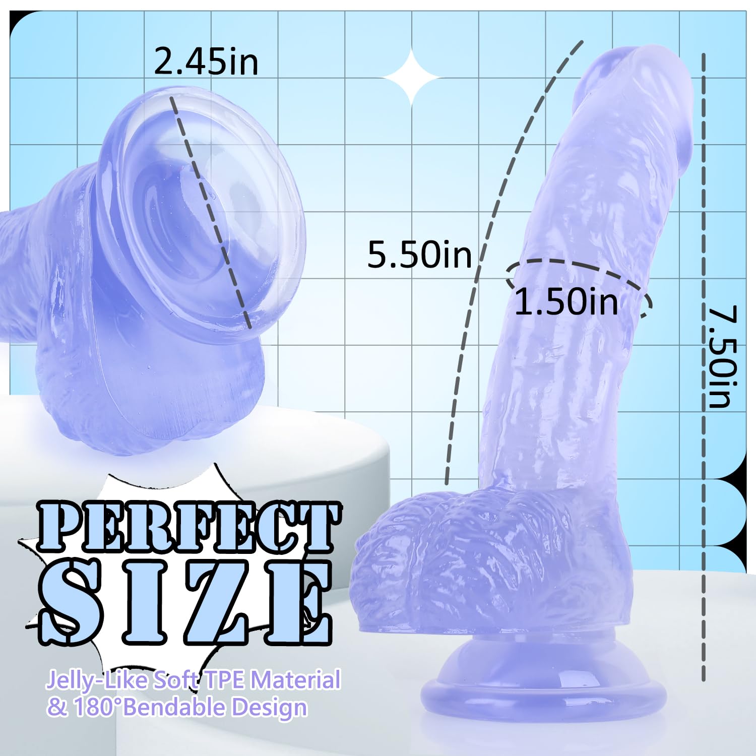 7 Inch Soft  Dildo, Realistic Silicone Medium Anal Dildos Stimulation Vaginal G-Spot and Anal, Safe Material Lifelike Men Penis with Strong Suction Cup, Adult Sex Toys for Women/Beginner Sexual: Blue