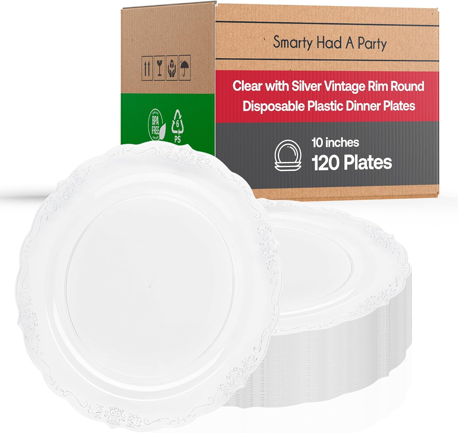 Elegant Plastic Plates, Disposable Dinnerware Sets, Plastic Dinner Plates, Disposable Plates for Party, Disposable Plastic Plates, Party Plates (Clear with Silver, 120 Plates (10" Dinner Plates))