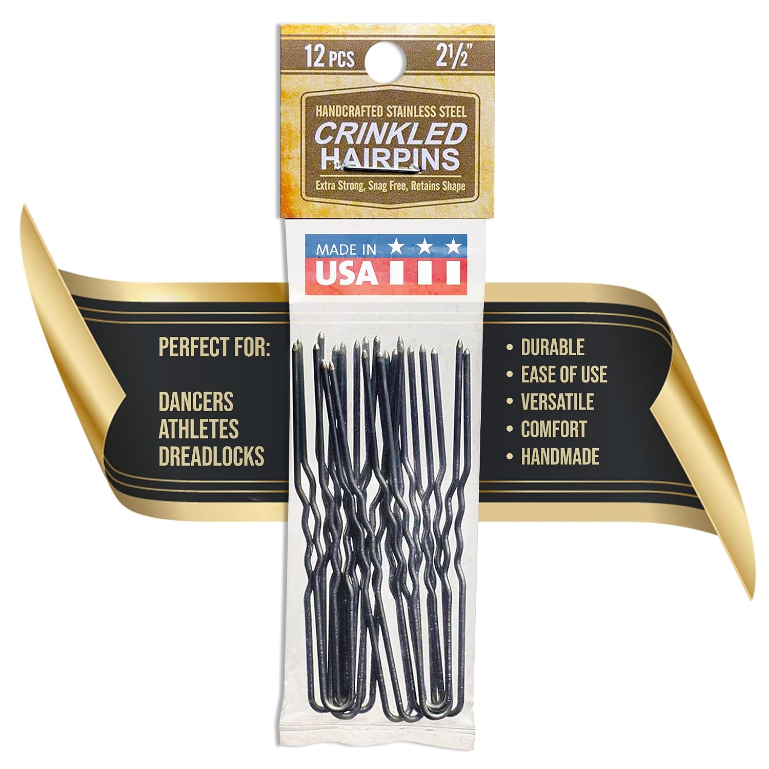 Crinkled Stainless Steel Heavy Duty Snagless Hairpins Pack of 12 Handmade Hair Pin (2 1/2 Inch)