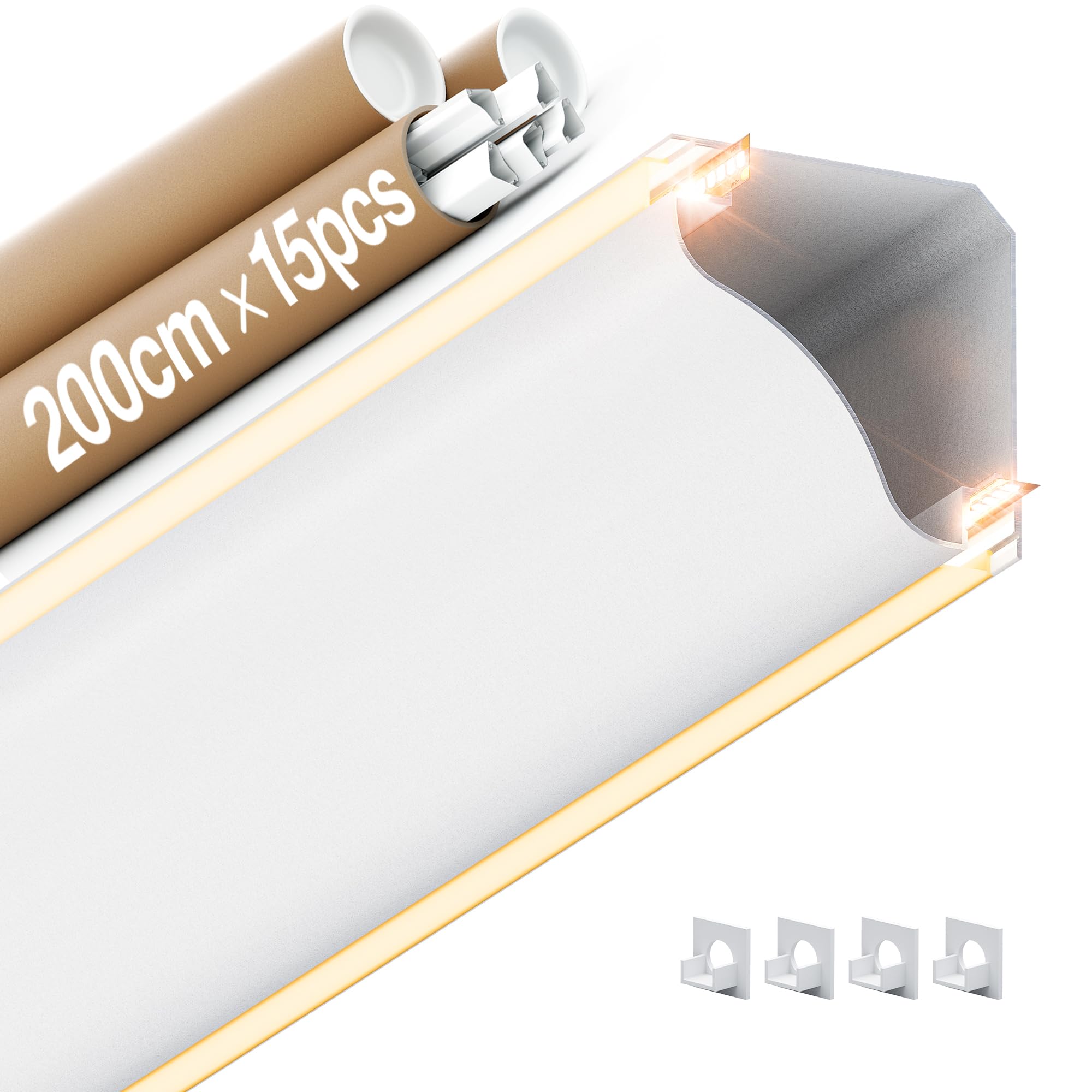 15× Profili Angolari da 2M（30m）in Alluminio per Strisce LED, Doppio Canalina LED con Diffusore, Illuminazione Indiretta a Soffitto, Max Striscia LED 9mm - Dimensioni 69.1 x 69.1mm (15*2M(Totale 30M))