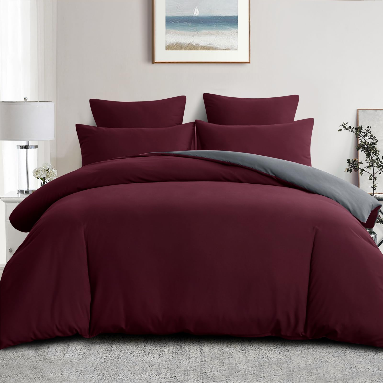 Aisbo Double Duvet Cover Set - 3Pcs Reversible Bedding Bed Set Burgundy Red and Grey Double Soft Brushed Microfiber Quilt Cover with 2 Pillowcases 50x75cm โ image 1
