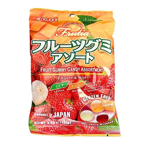 Miniatura 3 de Kasugai Frutia - Surtido de caramelos frutales frutales y suaves (paquete de 4) lichi, mango, fresa y uva, fresa, moscatel con 2 calcomanías de