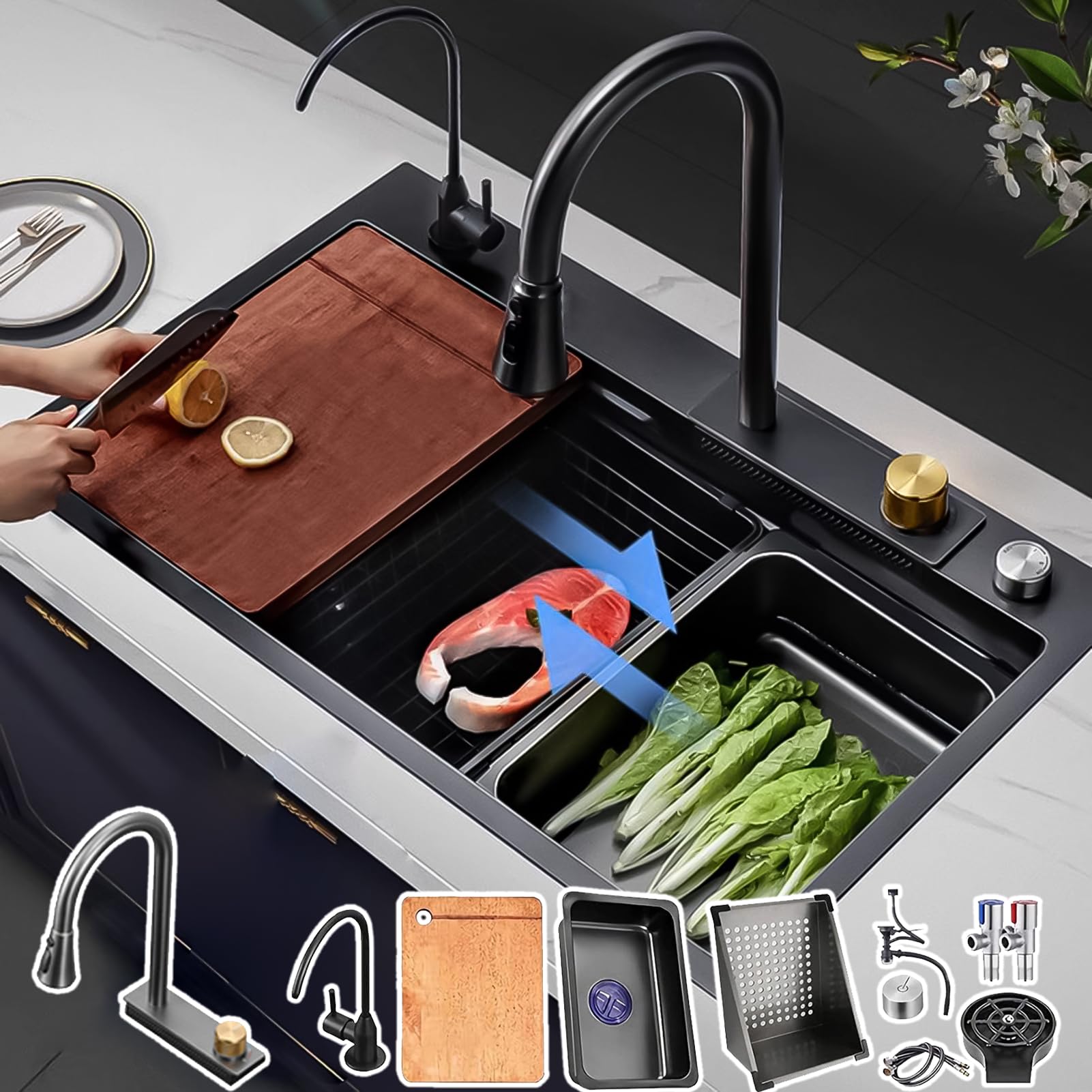 ZQFHSX Stainless Steel Single-Bowl Kitchen Workstation Sink With Drop-In Design, Black-Grey Finish And Pull-Down Faucet Control Knob (Size : 75x45cm)