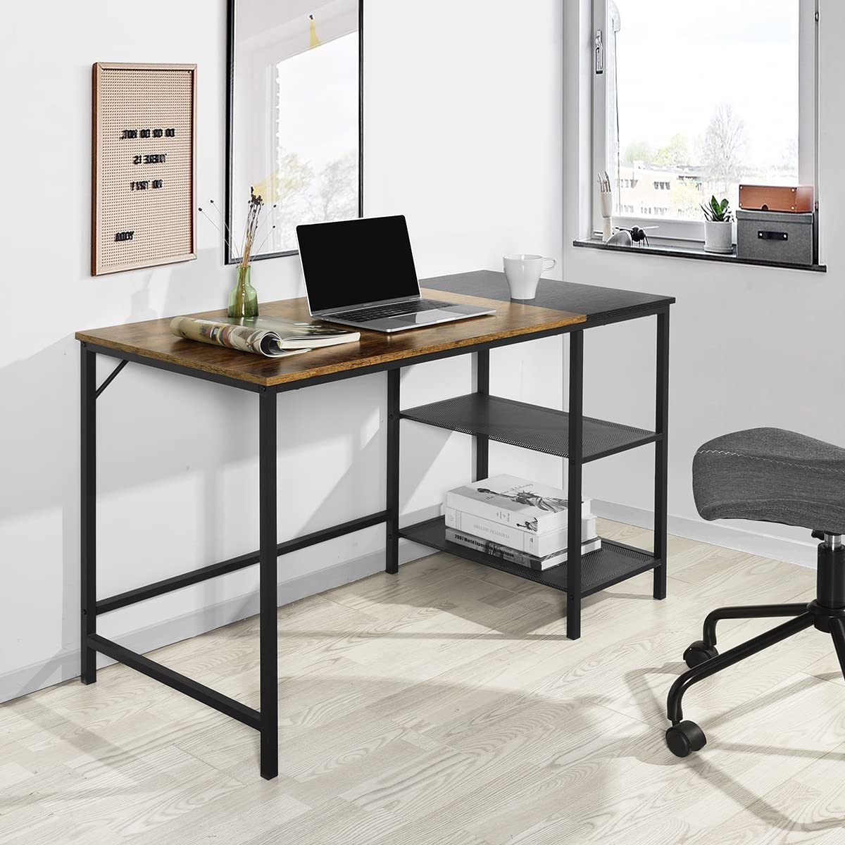 FurnitureR 110 cm Computer Desk with Shelves, Colour Block Study