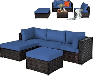 DORTALA Wicker Patio Furniture Set 5 Piece, Outdoor Sectional Couch with Sofa, Ottoman, Coffee Table, Cushions, All-Weather Conversation Set for Balcony, Porch, Backyard, Deck, Navy