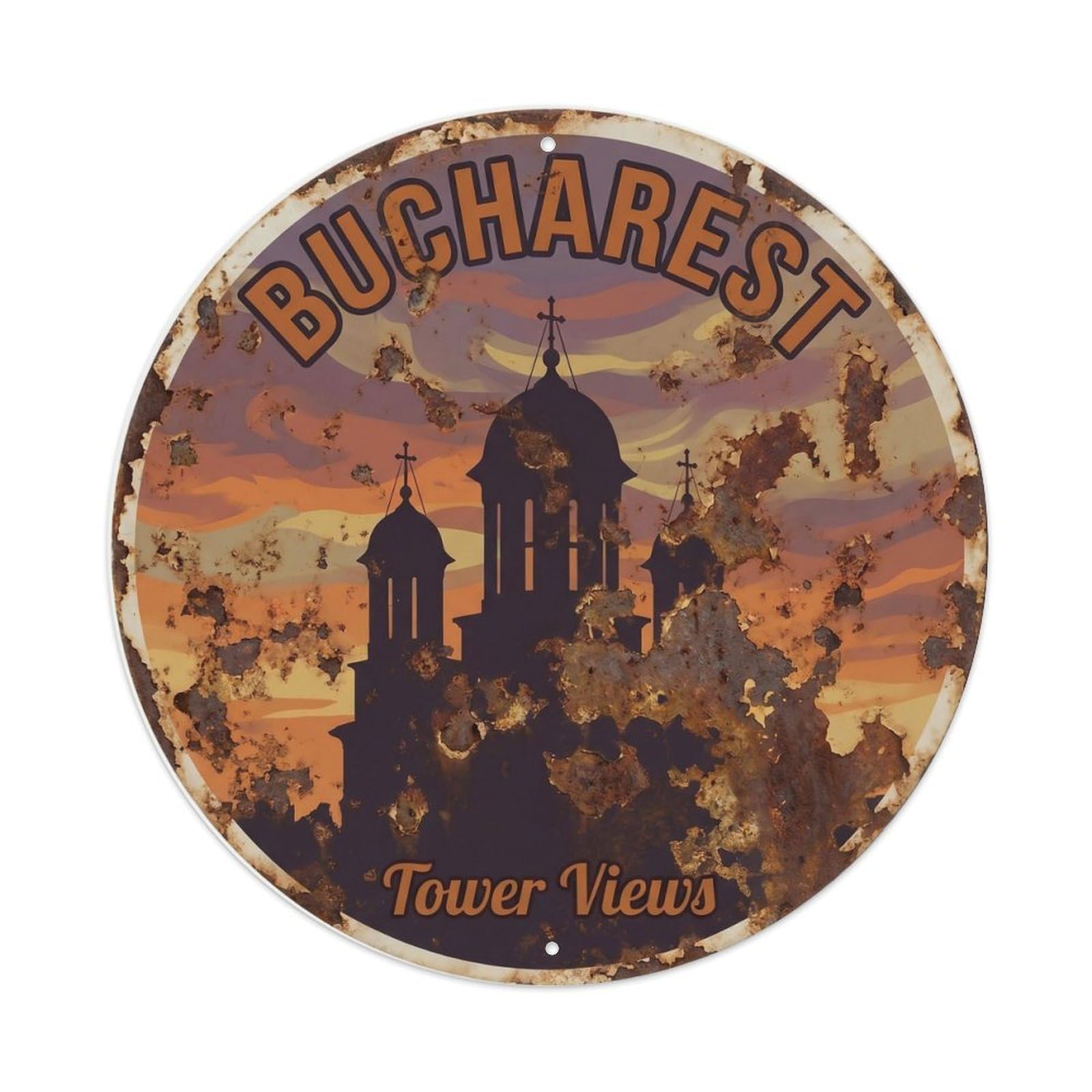 Vintage Travel Bucharest Cathedral Tower Metal Tin Sign