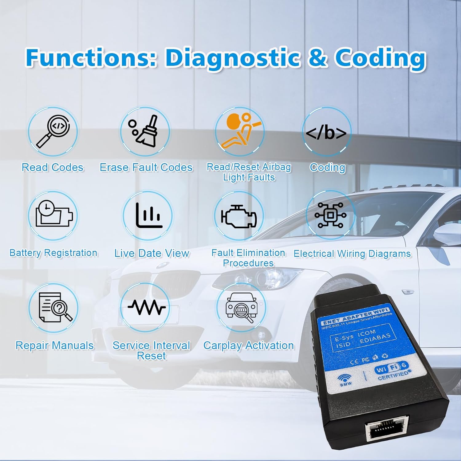 Bootmod3 OBD WiFi Adapter for BMW F/G/I Series,Enet WiFi Adapter Compatible with BimmerCode,Bimmerlink,Bimmergeeks,MHD,Ethernet to OBD2 Diagnostic&Coding Tool,Work with iOS,Android,Windows