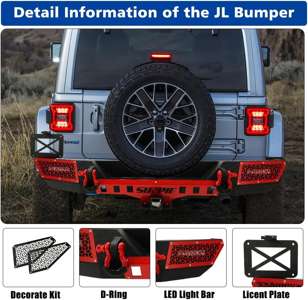 SUNPIE Wrangler JL Bumpers Front and Rear Combo with LED Lights and License Plate, Rock Crawler bumper for Jeep Wrangler JL/JLU/4XE Plug-in-hybird 2018-2026