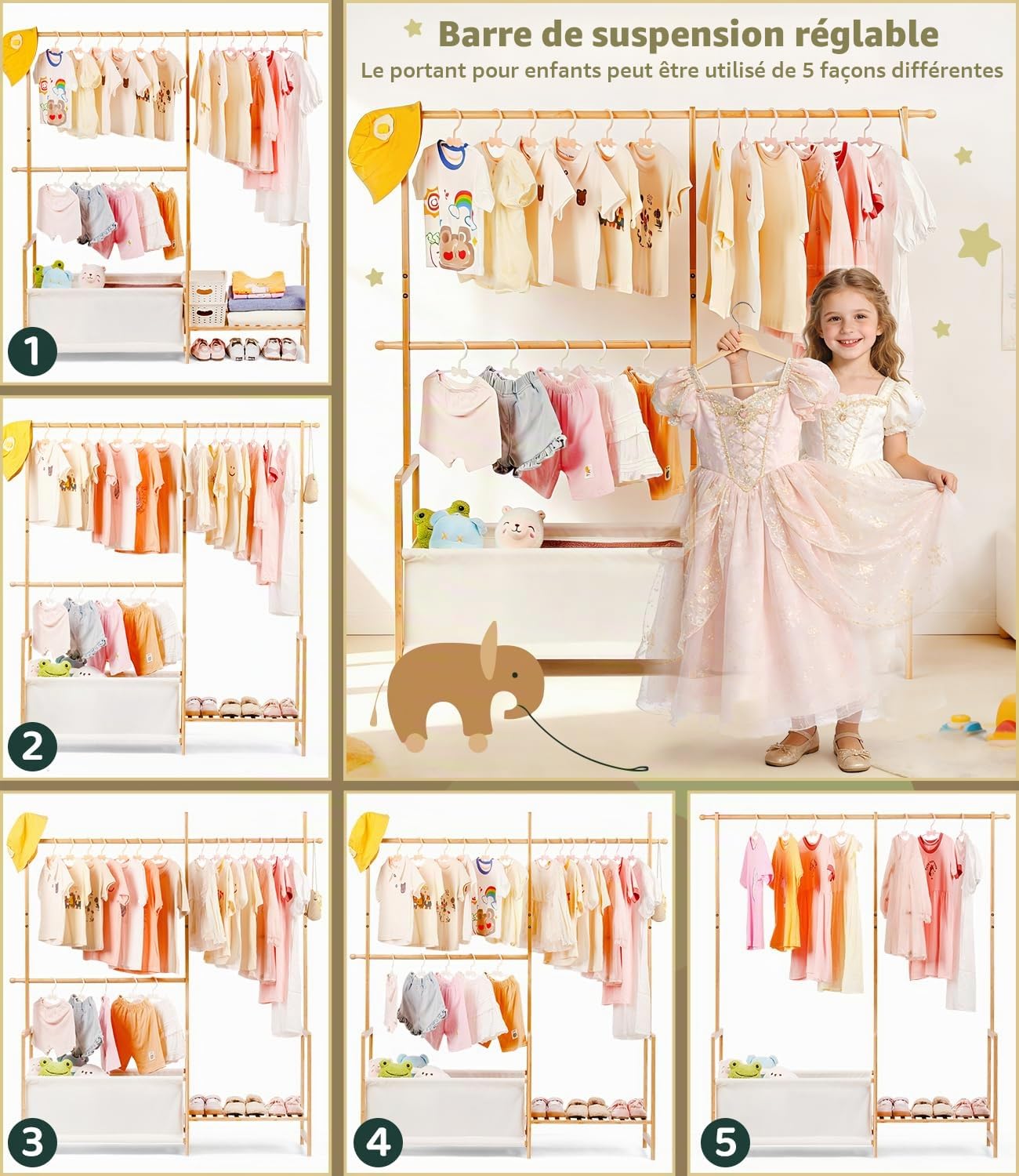 Portant à vêtements en bambou avec trois espaces de suspension, petit organisateur de vêtements pour enfants avec sac de rangement et étagère, pour costumes et accessoires