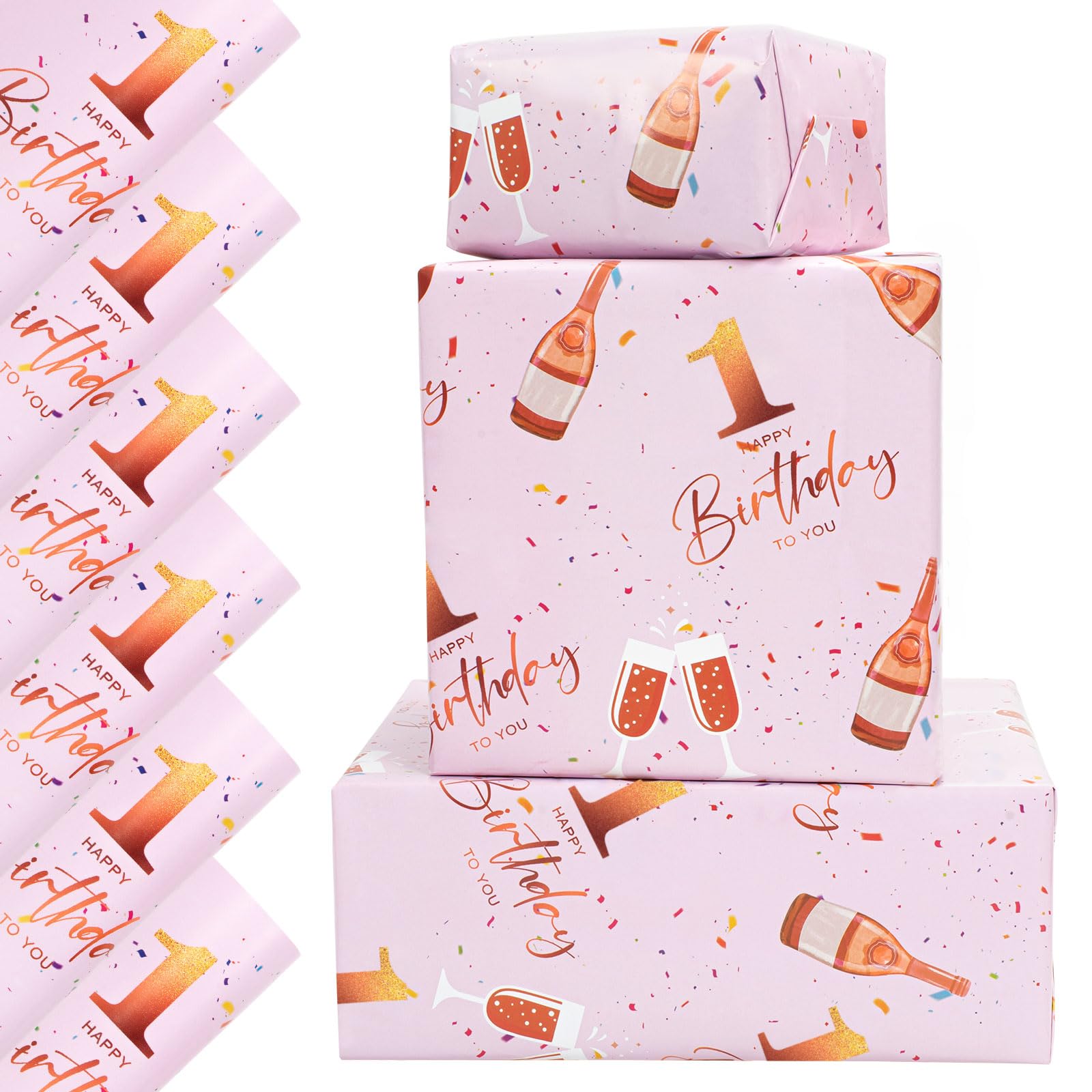 Vinuwu 6 Sheets 1st Birthday Wrapping Paper, 70x50cm Rose Gold Pink Happy Birthday Gift Wrap Paper for New Baby Girl Boy, First B-Day Party Gifts Decorations - 1th โ image 1