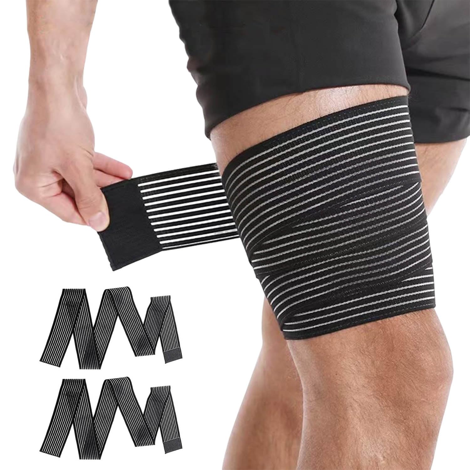 Kecartu 2Pack Hamstring and Thigh Compression Wraps for Men Women, Long Elastic Knee Support Bandage, Calf Support Strap for Sprain, Muscle Pain Relief, 200cm Length, Fit Left/Right Leg, Black