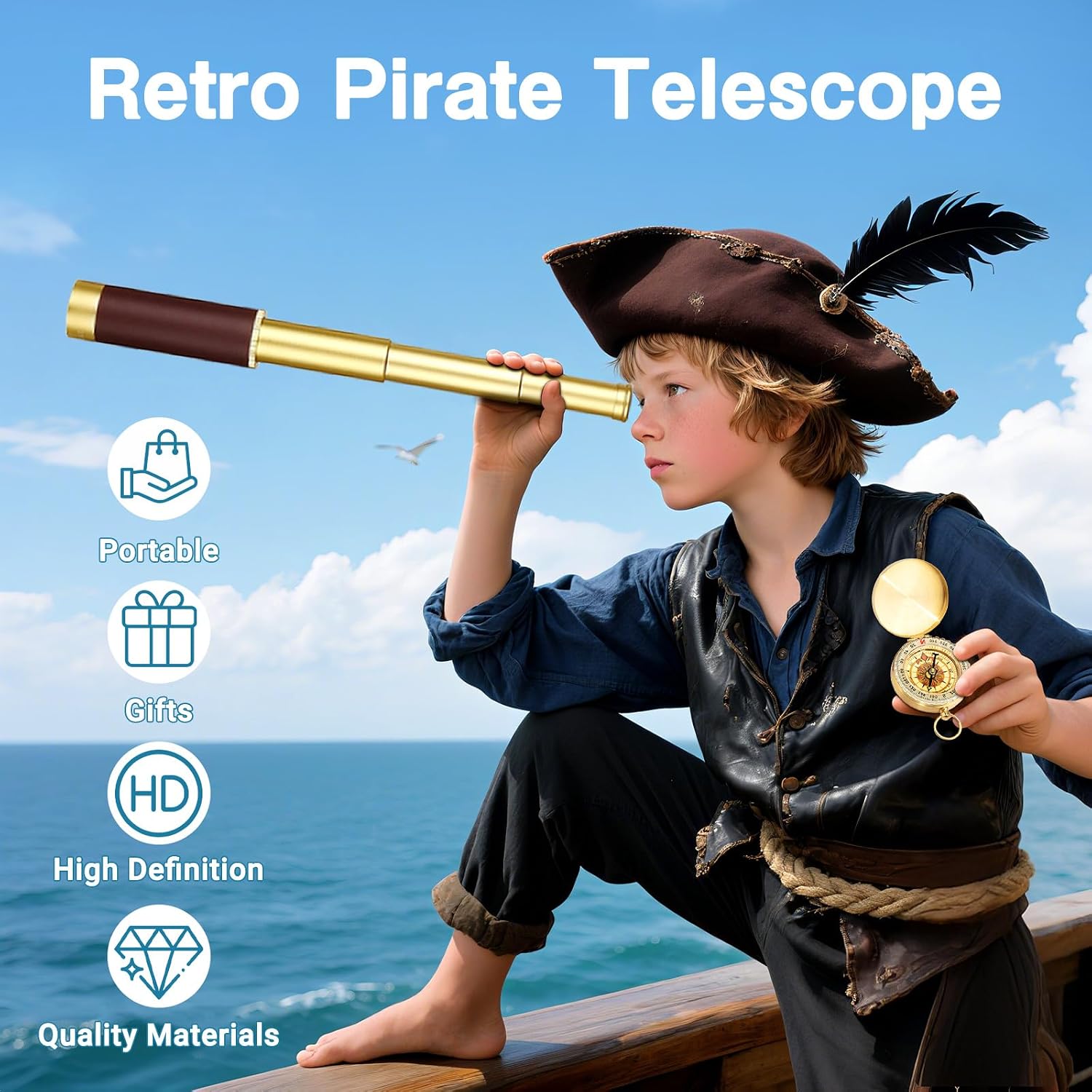 Retro Pirate Telescope Zoomable 25x30 Spyglass Portable Collapsible Handheld Telescope Vintage Monocular for Kids & Survival Gear Compass Pocket Military Compass for Camping Boating