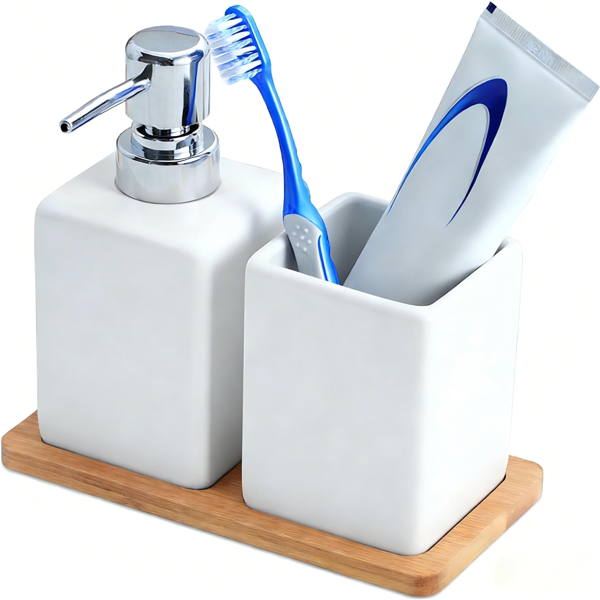 Distributeur de savon et porte-brosse à dents en céramique avec plateau