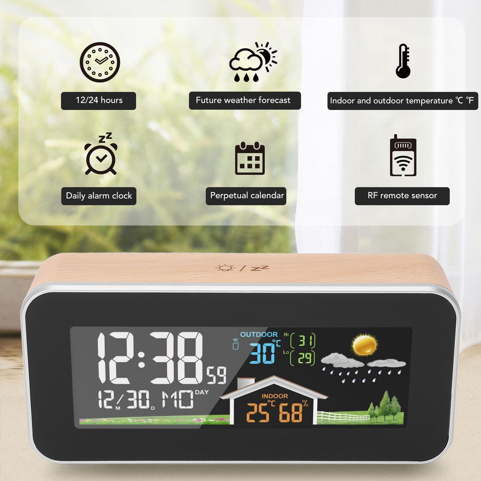 Greensen Horloge Météo en Bois avec Écran LCD Couleur, Réveil Numérique sans Fil, Capteur de Température et d'Humidité, Station Météo pour Intérieur