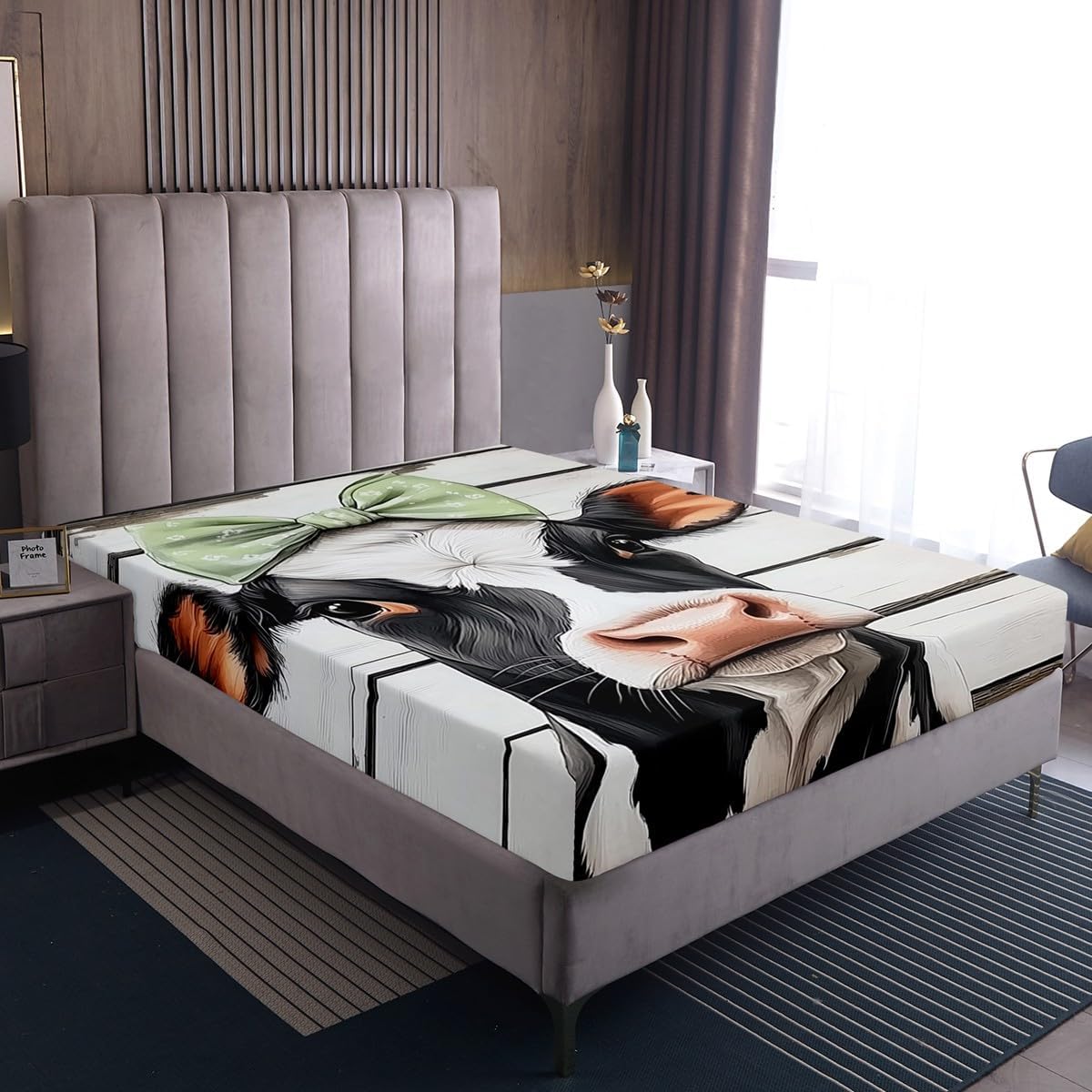 jejeloiu Cow Fitted Sheet for Kids Boys Girls Milk Cow Bedding Set Twin Size Bow Tie Animal Bed Sheets Set Bedroom Decor Soft Farmhouse Green Black and White 3Pcs