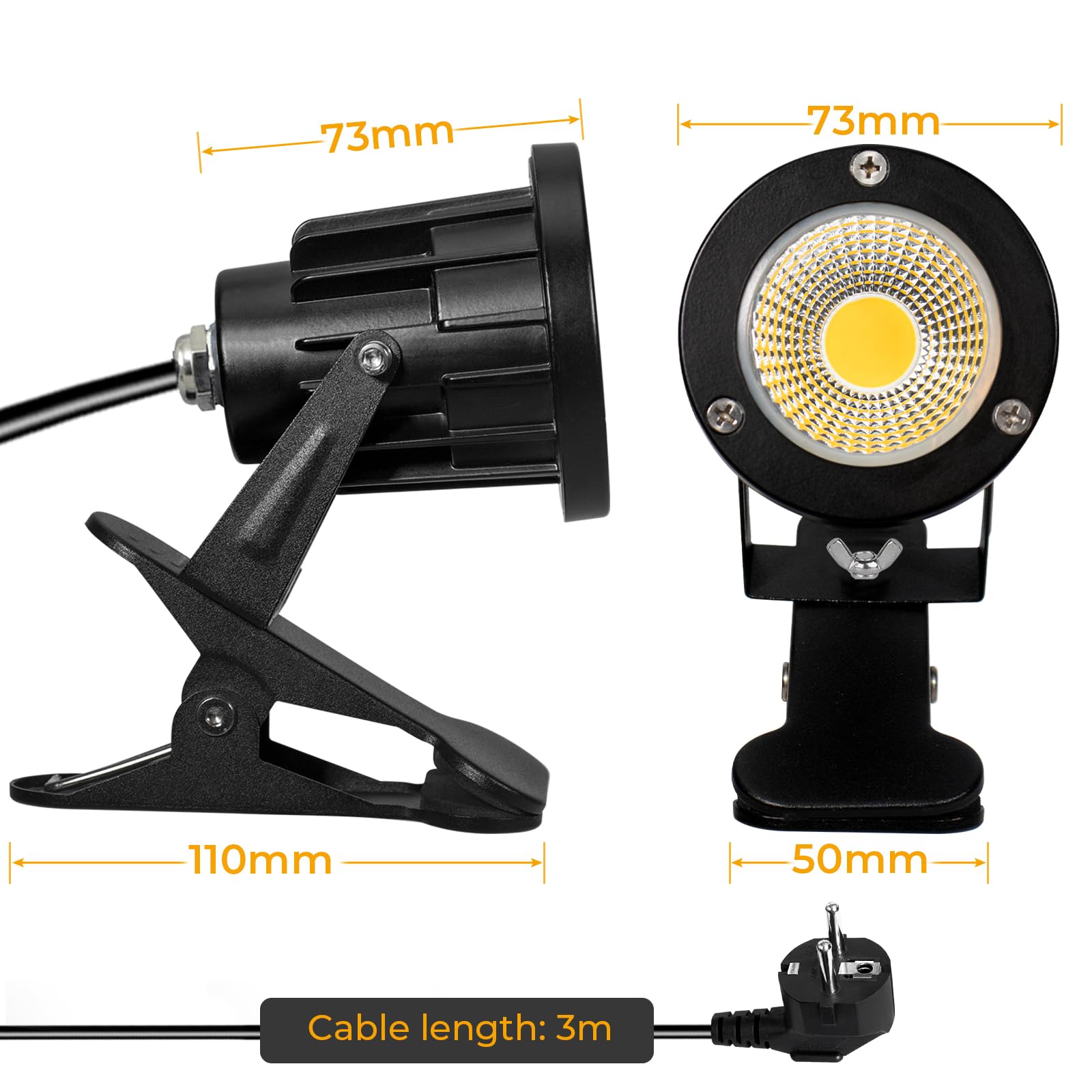 Milpoel Lampe Spot LED COB avec Pince, 7W Étanche IP65, Câble 3m, Éclairage Intérieur et Extérieur (Lumière blanche, 2)