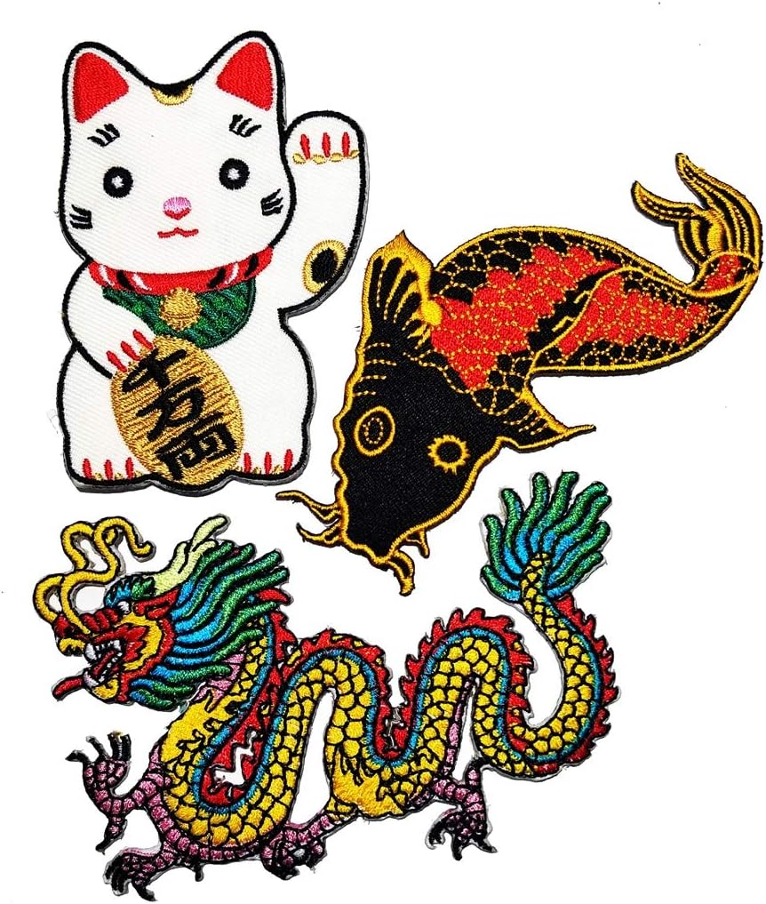 Amazon Com Pp Patch Set Cute Maneki Neko Japan Japanese Lucky Cat Japanese Koi Carp Fish Tattoo Japan Love Chinese Dragon Kung Fu Yakuza Tattoo Embroidered Applique Iron On Patch Arts Crafts Sewing