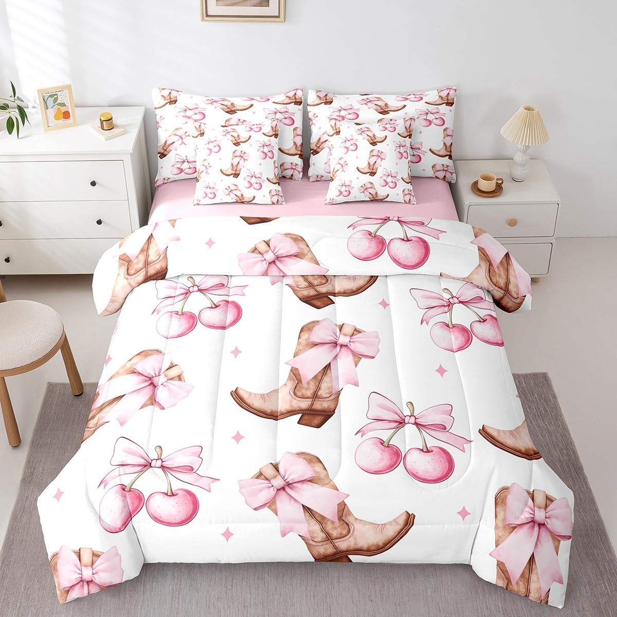 7 Pieces Cartoon Cherry Bowknot Kids Comforter Twin,Western Cowgirl Boots Rustic Bedding Set,Stars Bow Tie Princess Pink Romantic（Comforter+Fitted+Flat Sheet+2 Pillowcases+2 Throw Pillow Covers）