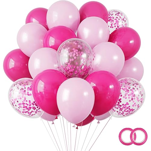 RUBFAC 65pcs Hot Pink Balloons 12 Inch Magenta Confetti Balloon for Valentine's Day Girls Theme Birthday Party Decorations Baby Shower Bridal Shower