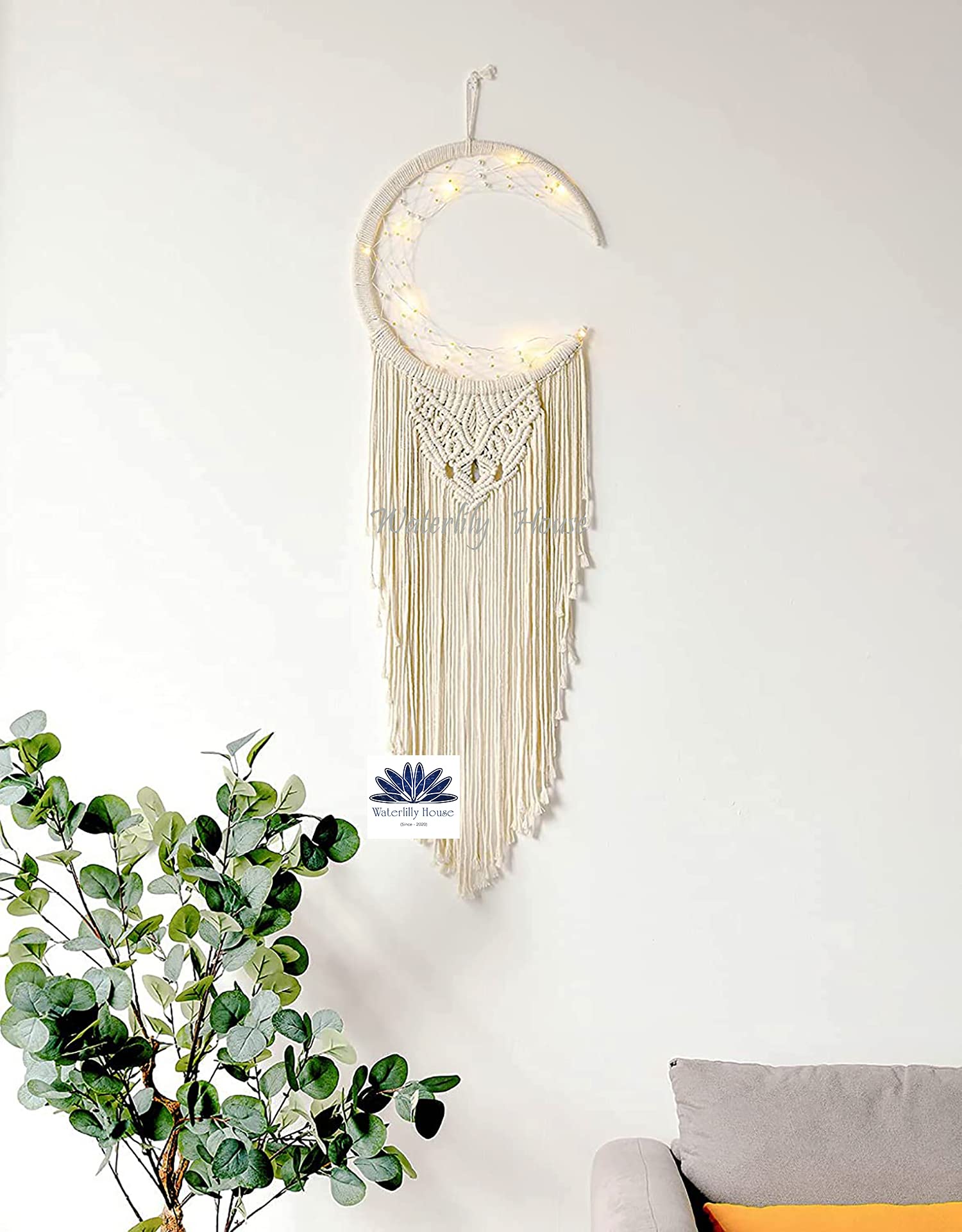 Waterlily House - Macrame Wall Hanging, Pieces Home Woven Tapestries, Black Moon and Five Pointed Star Dream Catcher Room Decor Woven Art Wall Decor. (Model - A)