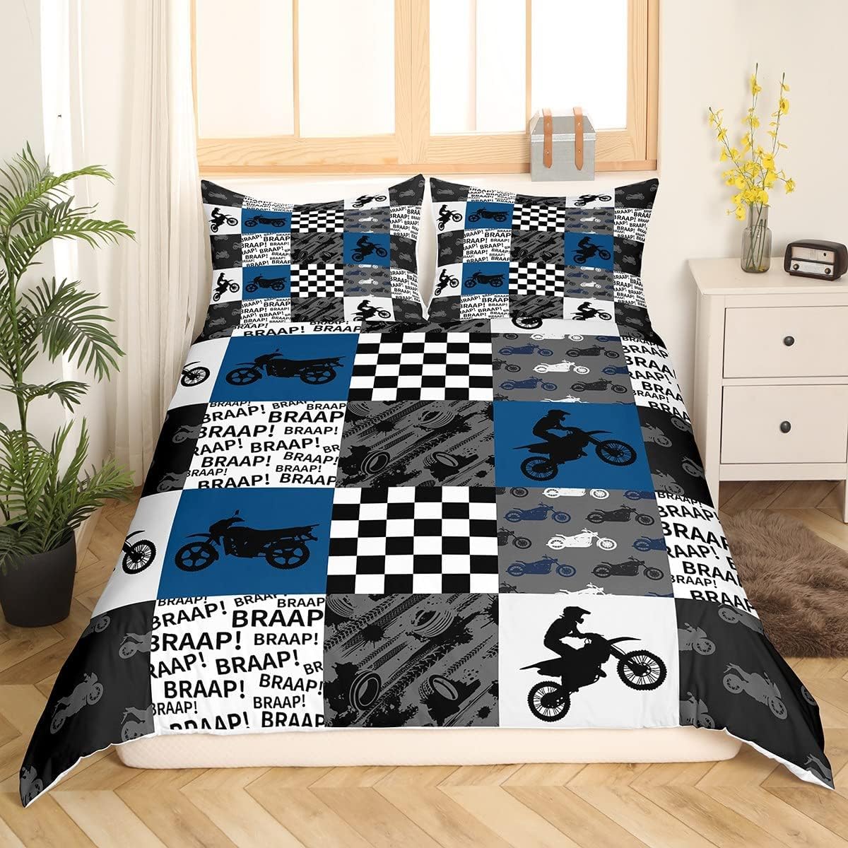 feelingyou Dirt Bike Duvet Cover Double Size,Motocross Racing Themed Comforter Cover for Adults Kids Bedroom Decor,Patchwork Grid Fashion Silhouette Comfortable Bedding Set 2 Pillowcases,No Comforter - Image 3