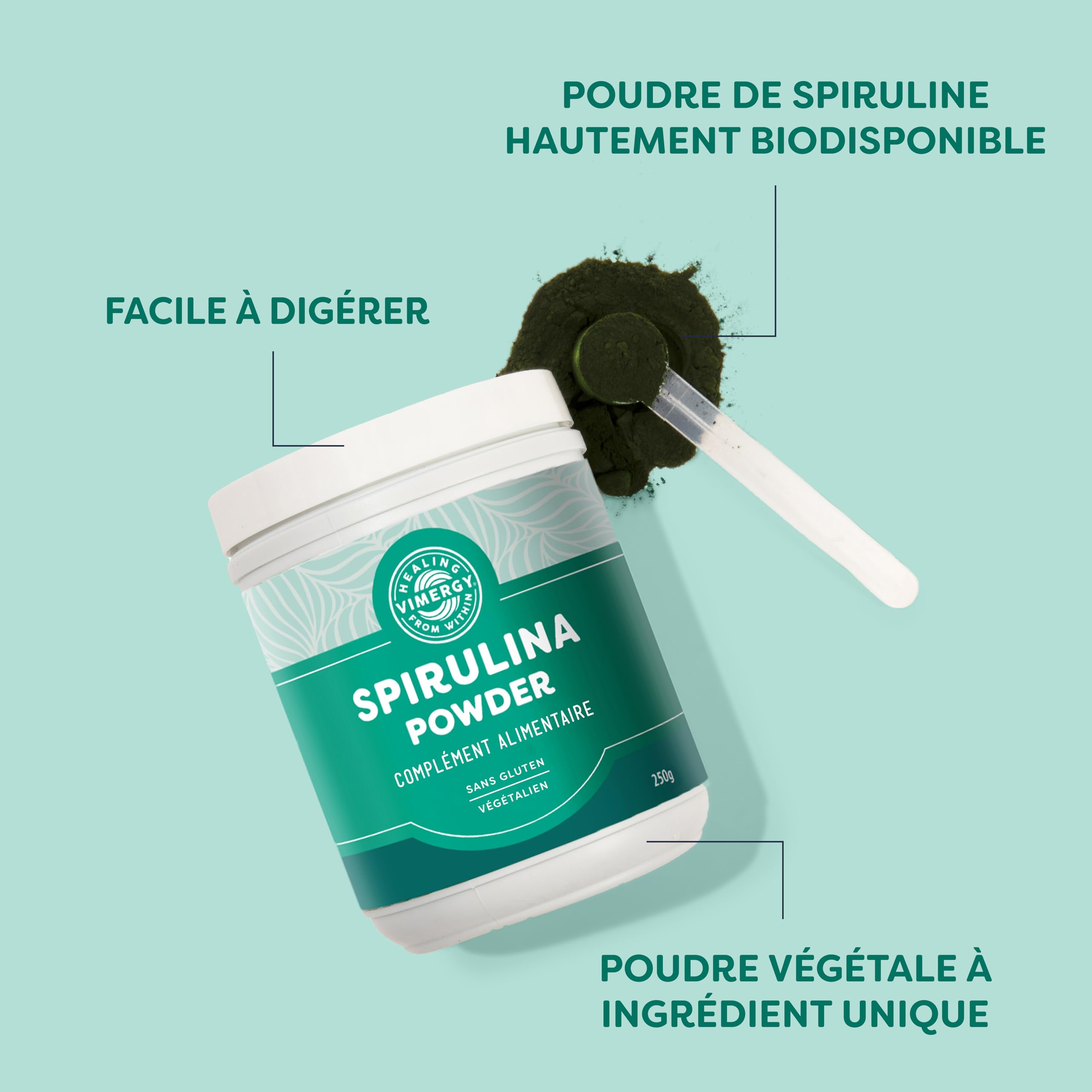 Vimergy Spiruline Poudre – Facile à Digérer – Poudre à Absorption Rapide –Végétalien – Formulé sans Agents Anti-Agglomérants, Additifs, Arômes ou Sucre - Sans OGM et sans Gluten