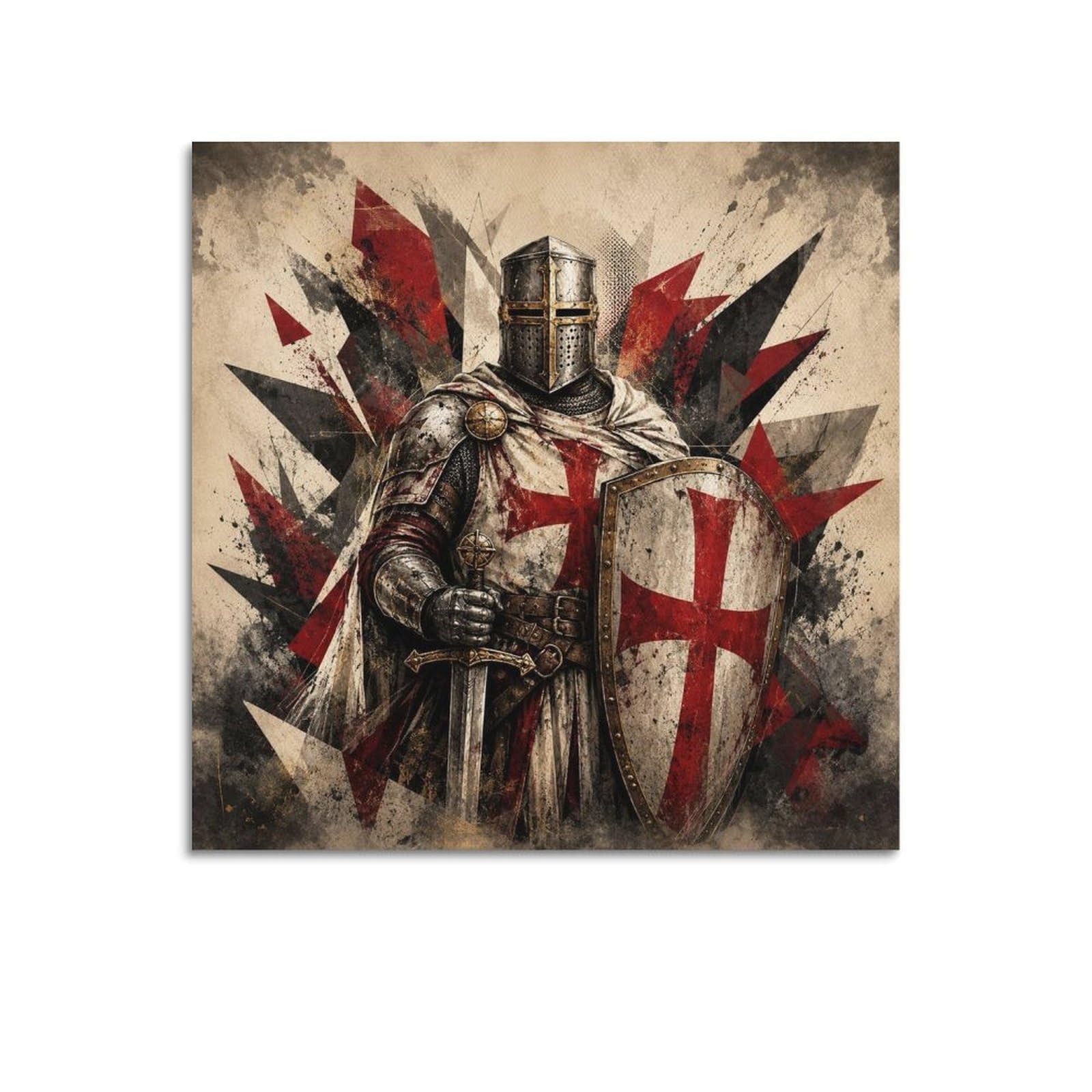 XKUGA Crusader Knight Geometric Shield Poster Red Sacred Armor Modern Decorative Canvas Prints - Ideal Wall Art for Family, Man Cave, Game Room, Boys & Girls Bedroom 12x12inch(30x30cm)