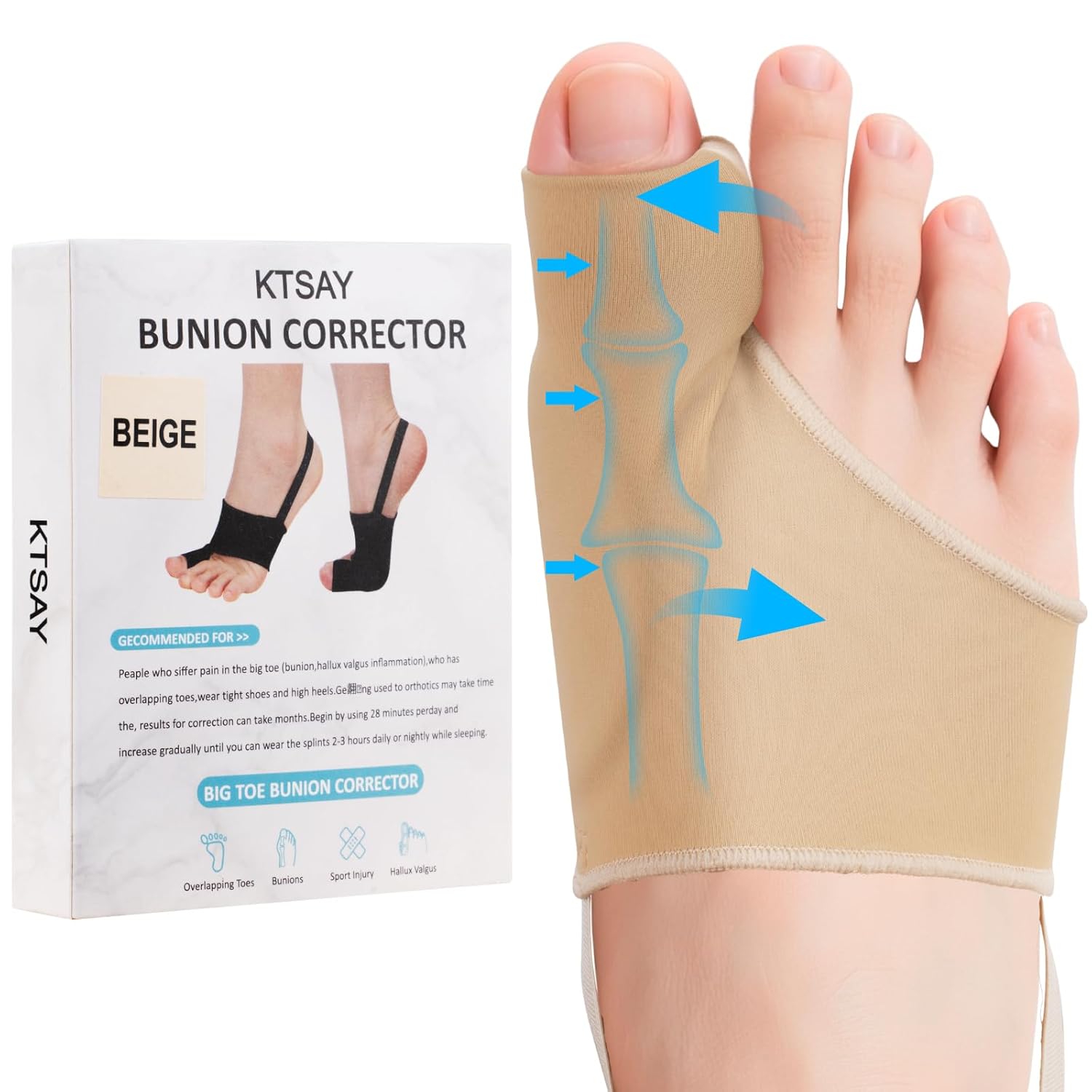 2PCS Bunion Corrector for Women & Men, Big Toe Straightener with Splint & Pads, Comfortable & Breathable for Day/Night Support, Hallux Valgus Pain Relief Non-Slip Socks Beige 1