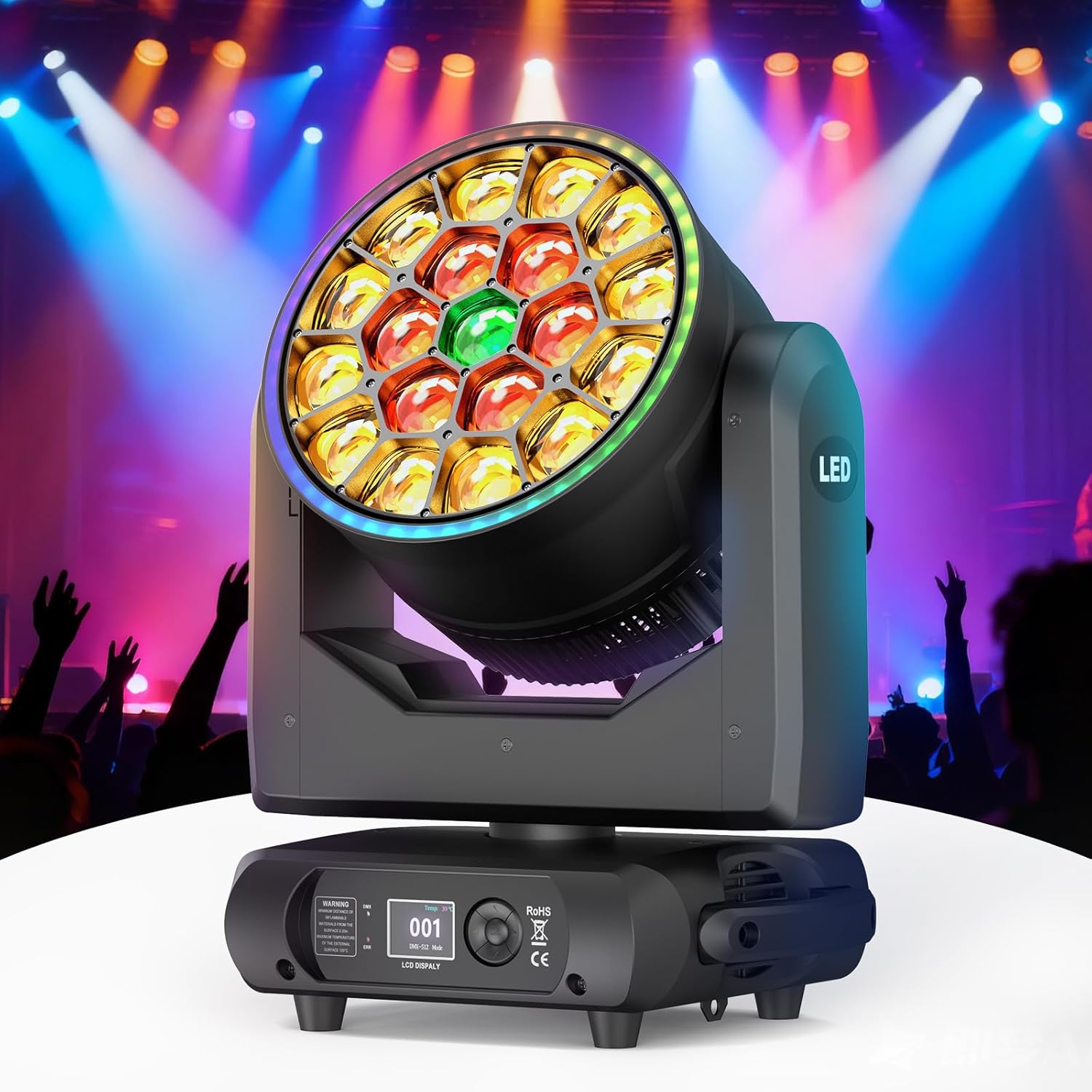 Moving Head Light LED 19x20W RGBW 4in1 Beam/Wash/Zoom Effect Stage Lights with Light Strip Professional DMX512 & Sound Activated Control DJ Lights for Party Wedding Disco and Nightclub