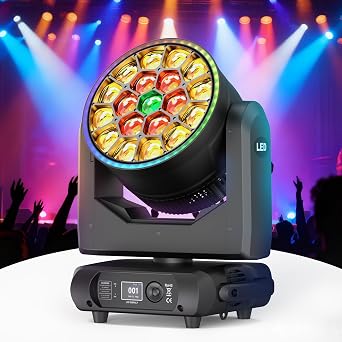 Moving Head Light LED 19x20W RGBW 4in1 Beam/Wash/Zoom Effect Stage Lights with Light Strip Professional DMX512 & Sound Activated Control DJ Lights for Party Wedding Disco and Nightclub