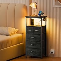 Vista 2 de Furnulem Cómoda para Dormitorio, Mesita de Noche Alta, Cajonera Vertical con Parte Superior de Madera, Estación de Carga, Luces LED, 5 Cajones