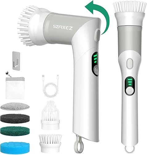 SZFIXEZ Cepillo eléctrico giratorio, cepillo limpiador de ducha, cepillo eléctrico de mano con 2 ángulos ajustables, 6 cabezales de repuesto para