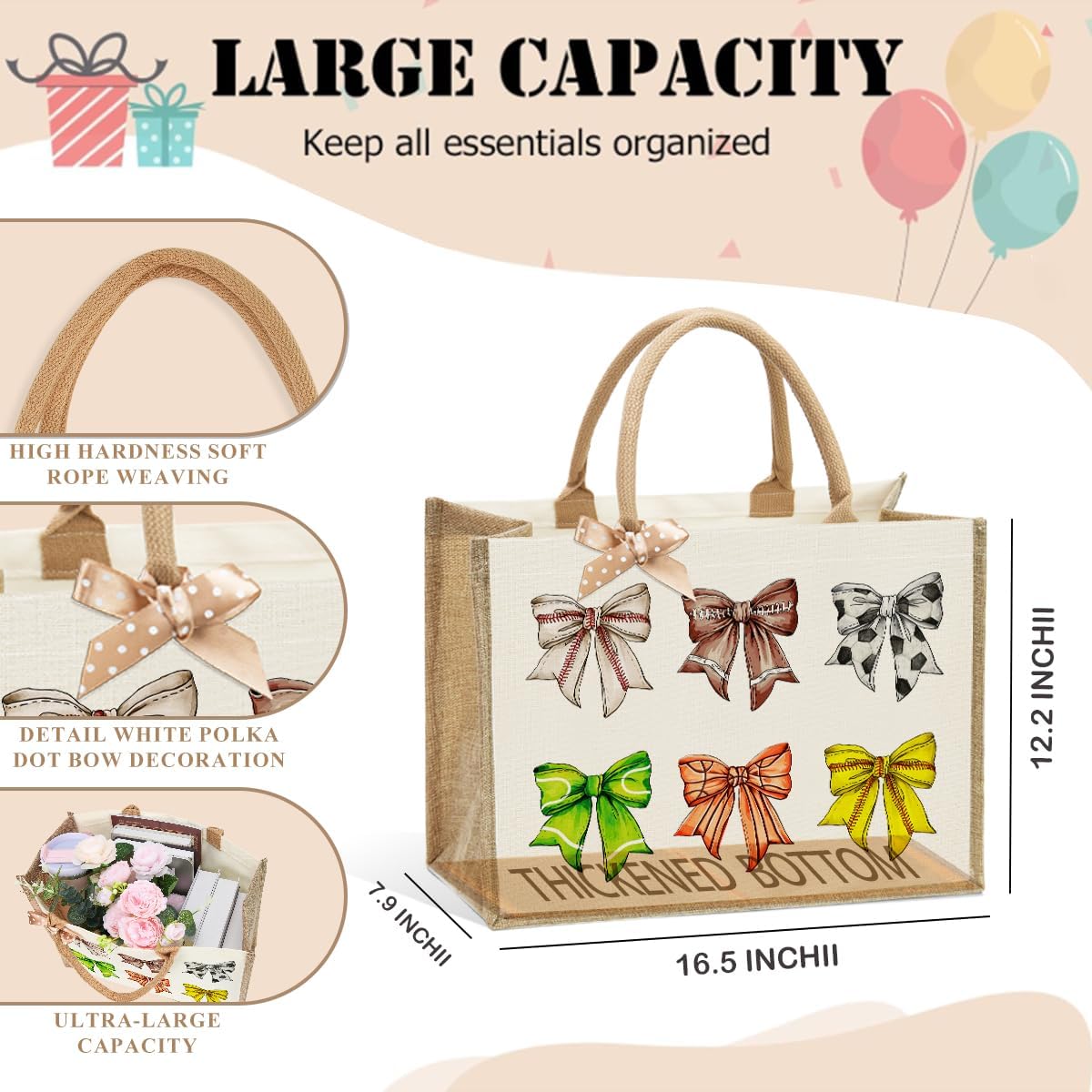 Colorful bowknot canvas tote bag for baseball, football, softball and tennis. Made of high- jute canvas, Suitable for exercise, daily commuting, shopping, birthday and Mother's Day gifts. - Image 4