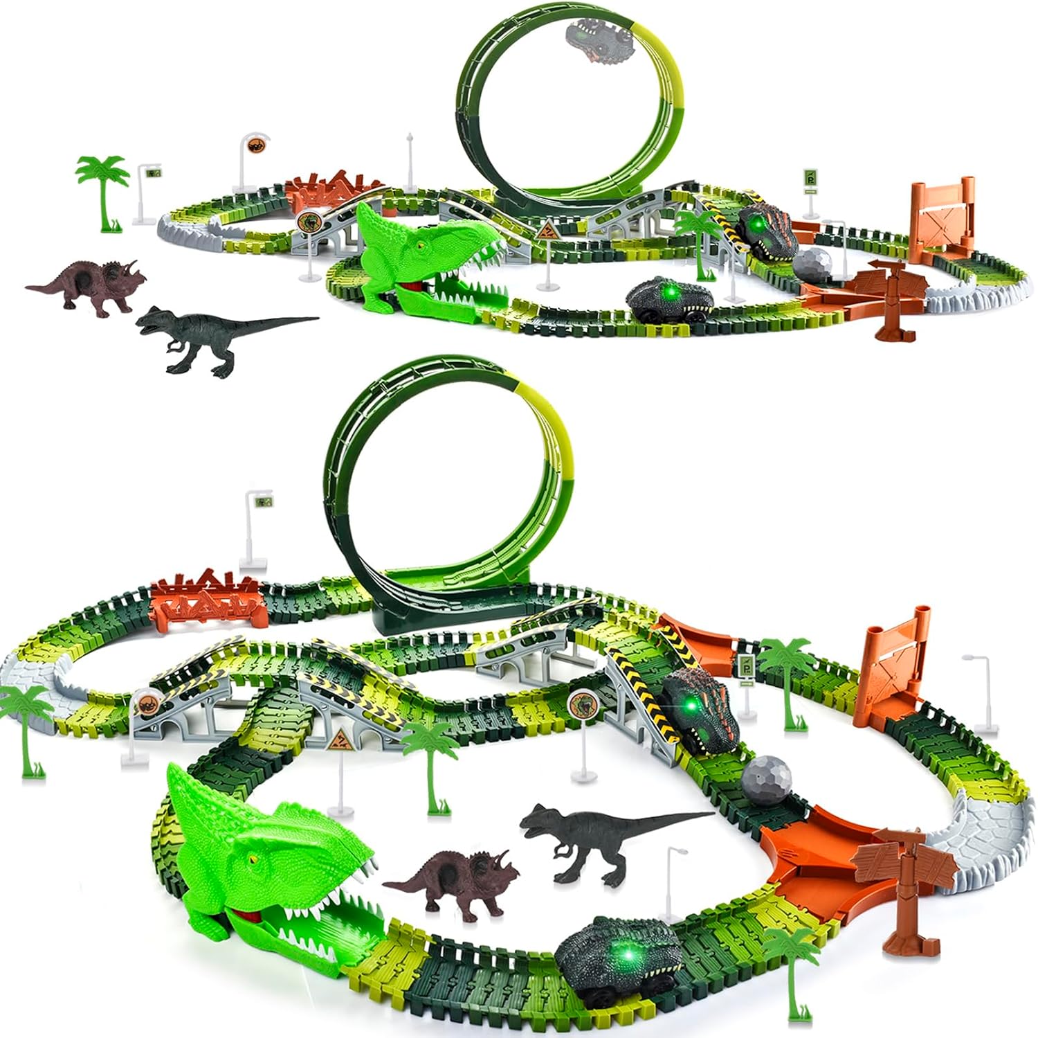 Dinosaur Toys for Kids 3-5, 286 Pcs Create A Dinosaur Toys Race Car for Toddlers, Flexible Track Playset with 2 Dinosaur Cars, Dinosaur Party Favors for 3 4 5 6 Year Old Boys Birthday Gift