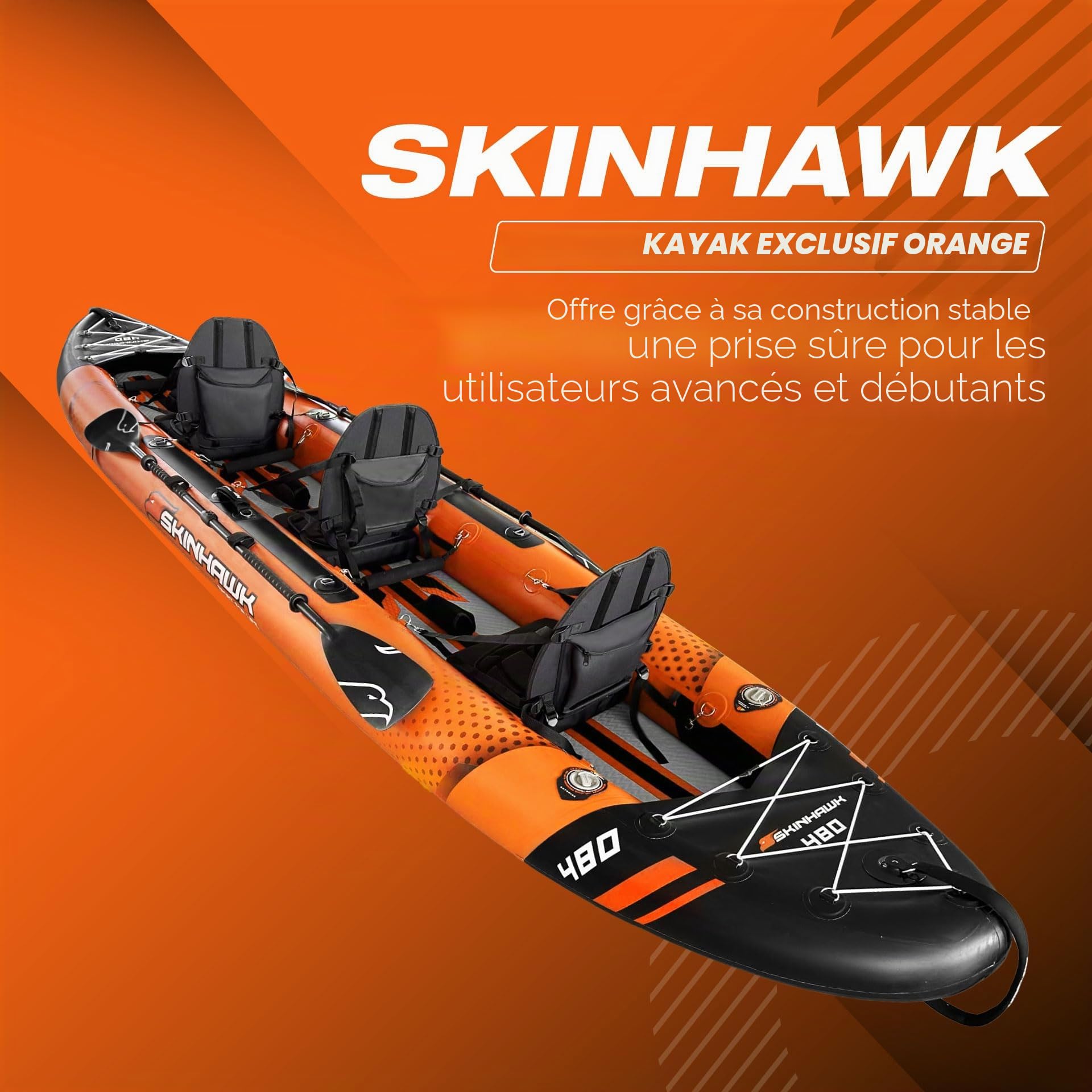 SKINHAWK Exclusiv Orange Kayak Set 480 - Bateau pneumatique - Canoë - 480 x 96 cm - Kayak pour 3 personnes