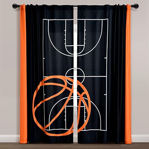 Lush Decor Juego de cortinas para ventana de juego de baloncesto, par, 52 pulgadas de ancho x 84 pulgadas de largo, color negro y naranja, cortinas