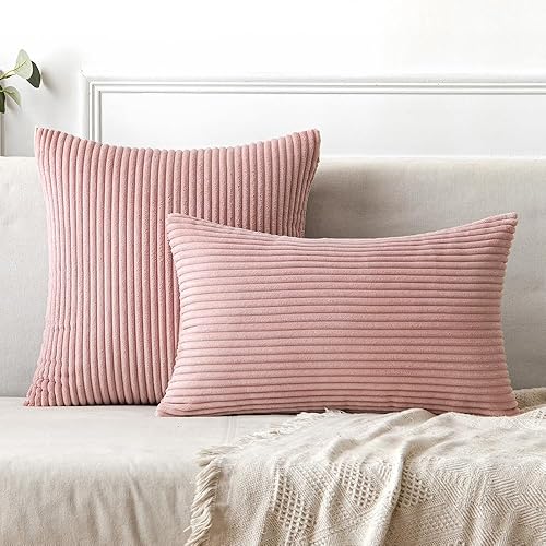 Miniatura 4 de Woaboy Paquete de 2 fundas de almohada de pana de 12 x 20 pulgadas, súper suaves, bohemias, a rayas, color rosa rubor, decoración del hogar para