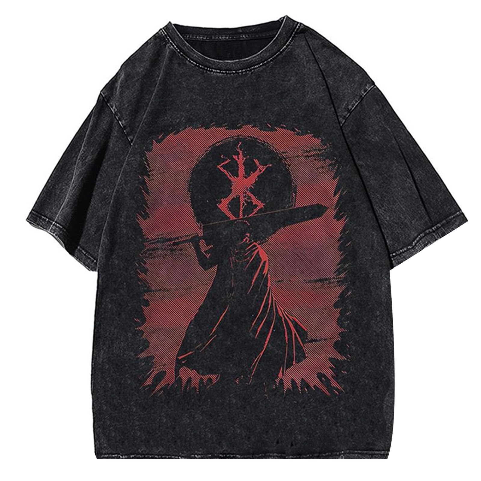 acsewater Washed Retro Tide T-Shirt Summer New Berserk Anime Printing Loose Short-Sleeved T-Shirt Do Old Tops