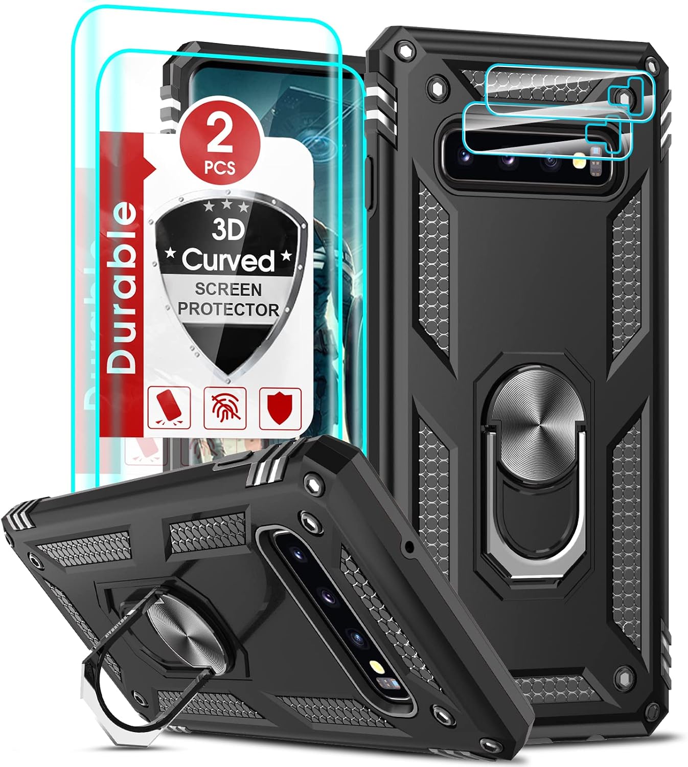 LeYi for Samsung Galaxy S10 Case [Not Fit S10 Plus], Samsung S 10 Case with [2 PCS] 3D Curved Screen Protector and Camera Lens Protector, Military-Grade Phone Case with Ring Stand for S10, Black