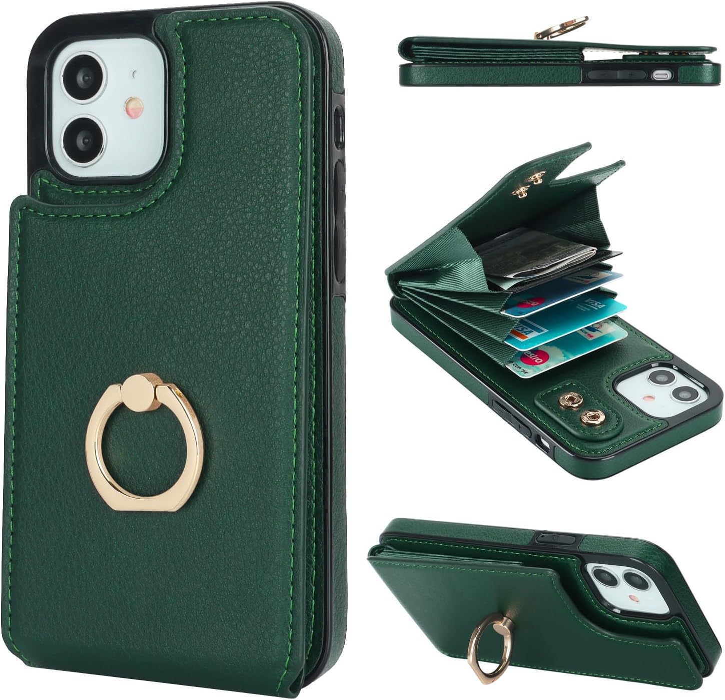 Folosu Compatible with iPhone 12/12 Pro Case Wallet with Card Holder, 360°Rotation Finger Ring Holder Kickstand Protective RFID Blocking PU Leather Double Buttons Flip Shockproof 6.1 Inch Mint Green