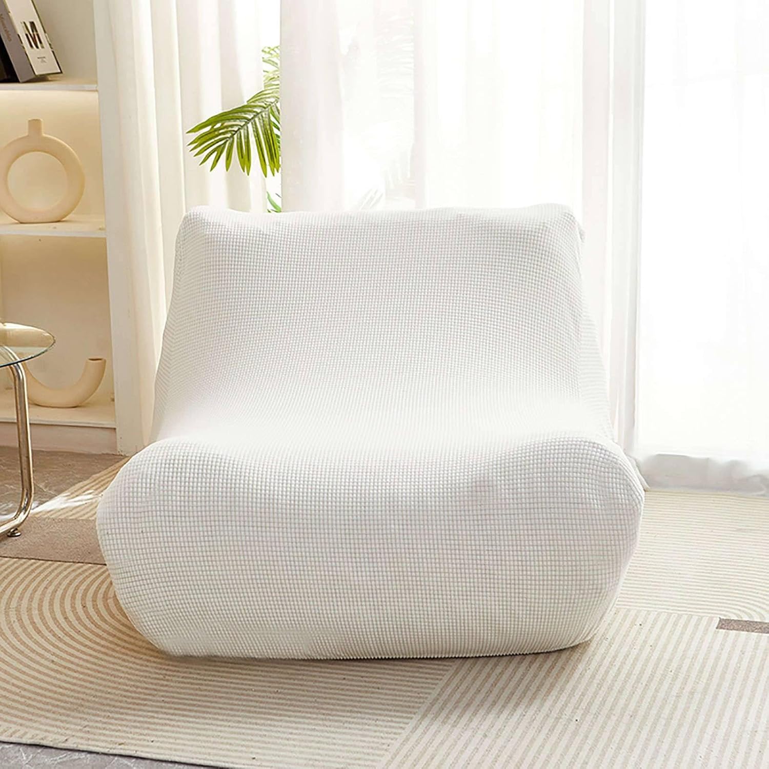Single Seated Lazy Floor Sofa Cover, Soft Spandex Fireside Chair Cover Non Slip Armless Lounge Chaise Slipcover with Elastic Bottom Bean Bag Couch Cover Washable-Cream-1 Seater