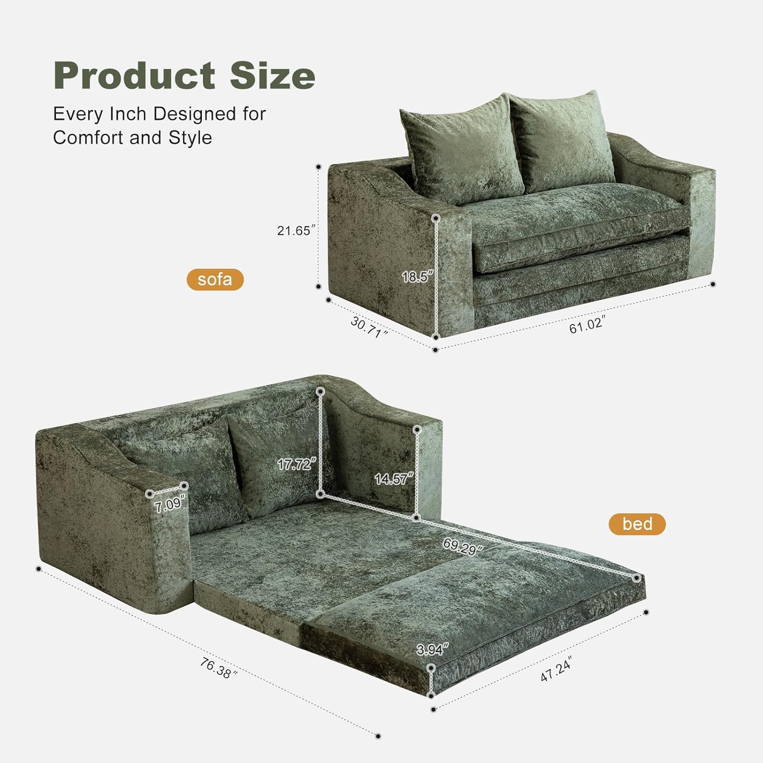 61" Convertible Sofa Bed Loveseat, Memory Foam Boneless Floor Couch with Removable Plush Velvet Cover, Tri-folding Compact Full-size Sleeper for Small Living Room, Playroom, Guest Room, RV (Emerald) | Convertible Sofa Bed, Premium Memory Foam, Ergonomic Design, Removable Cover, Emerald Plush Velvet, Space-saving