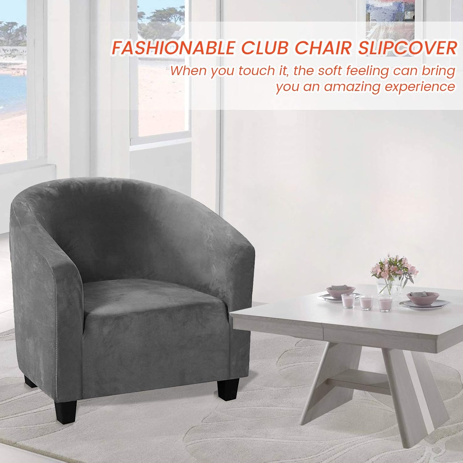 Beacon Pet Club Chair Slipcover,Stretch Velvet Tub Chair Covers Removable Armchair Cover Slipcovers Sofa Cover Spandex Couch Covers Furniture Protector with Elastic Bottom for Living Room(Gray)