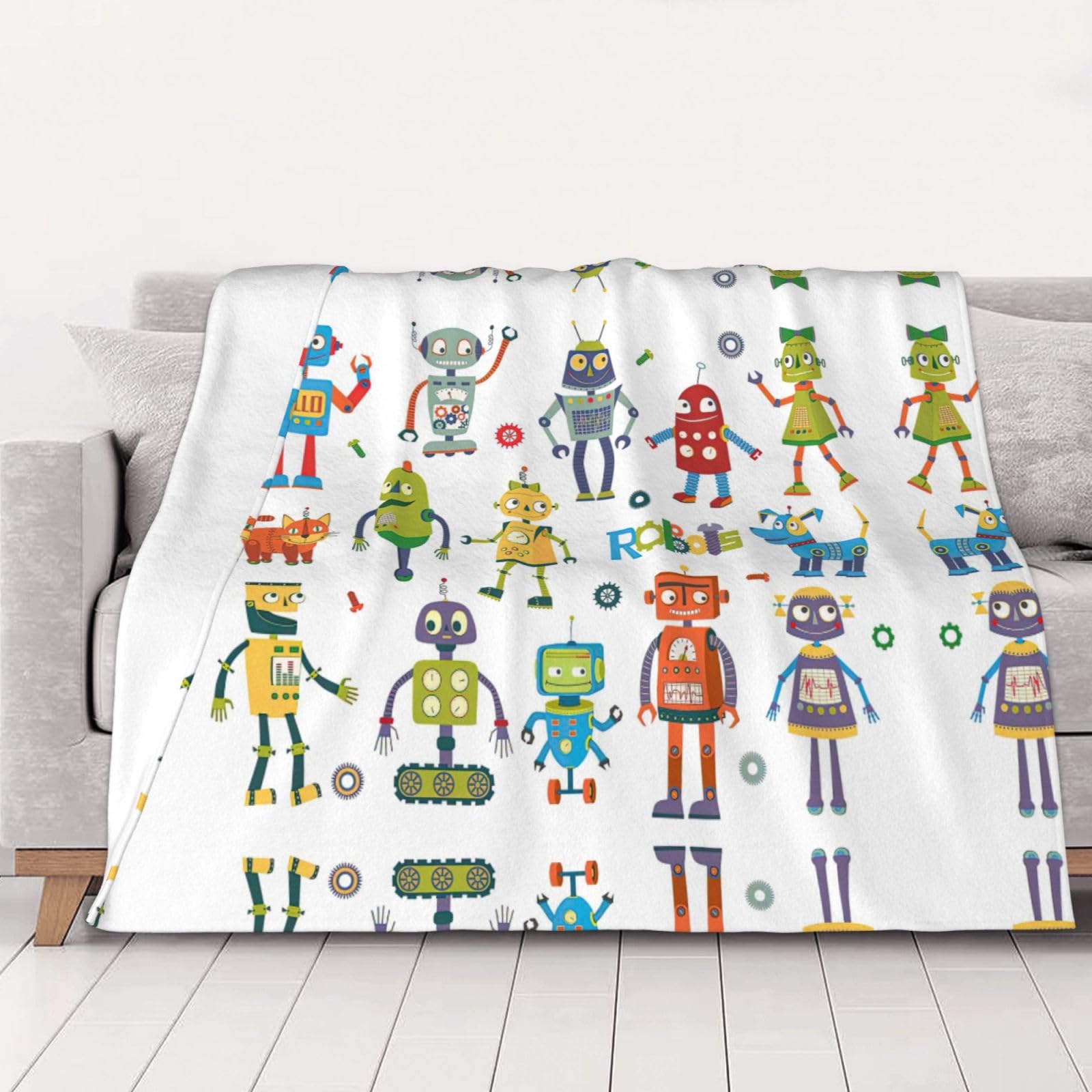 Couverture flanelle robots mignons thermorégulatrice et ultra légère