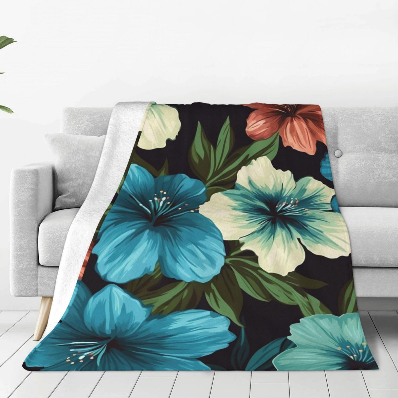 Couverture à motif fleurs d'hibiscus en micro polaire toutes saisons pour lit et canapé