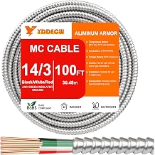 100FT 14/3 Metal Clad MC Cable with Ground, 14 Gauge Electric Wire with Aluminum Armor, Solid Bare Copper Conductors for Indoor Outdoor Underground Embedded Installation 14/3, 100 ft