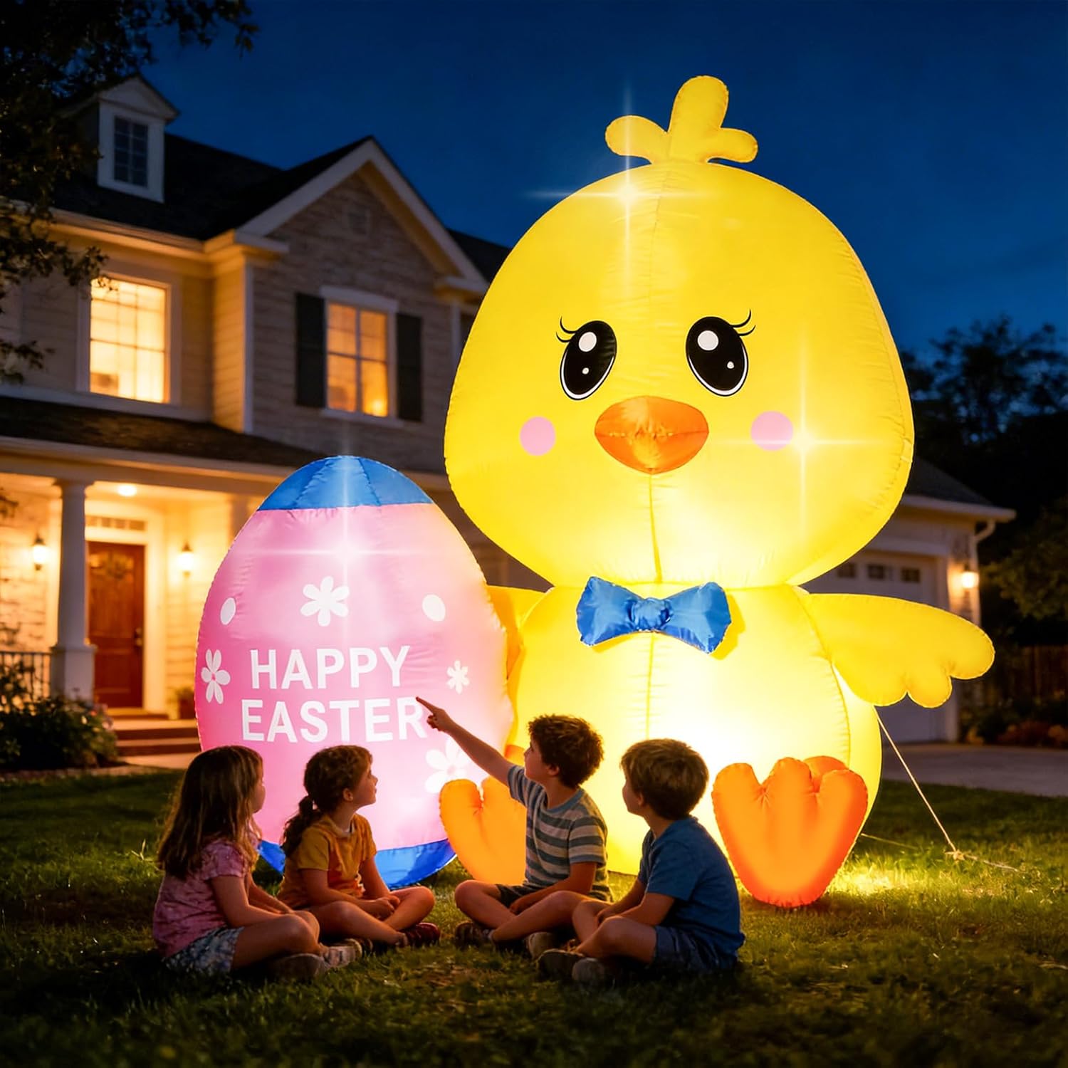5 Feet Easter Inflatable Chick Hold Egg, LED Lights for Holiday Party Indoor Outdoor Yard Lawn Blow Up Decoration