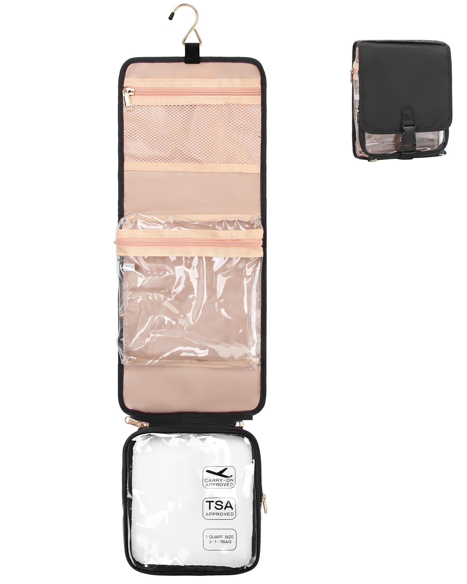 Relavel Travel Toiletry Bag for women with Detachable TSA Approved Toiletry Bag, Compact Hanging toiletry bag with Small Carry On 3-1-1 Clear Waterproof Travel Bags for Toiletries (M Black, A Small)